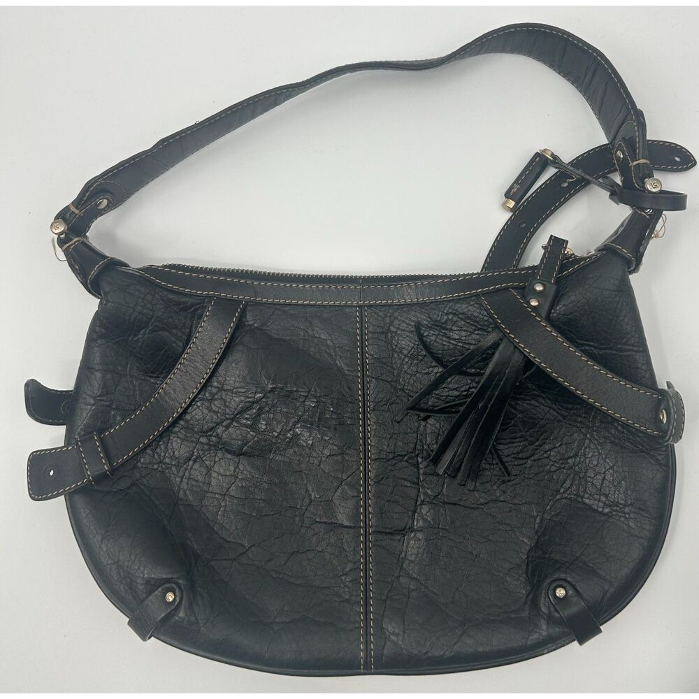 Liz Claiborne Vintage Black Crinkled Leather Shoulder Bag with Tassel Y2K